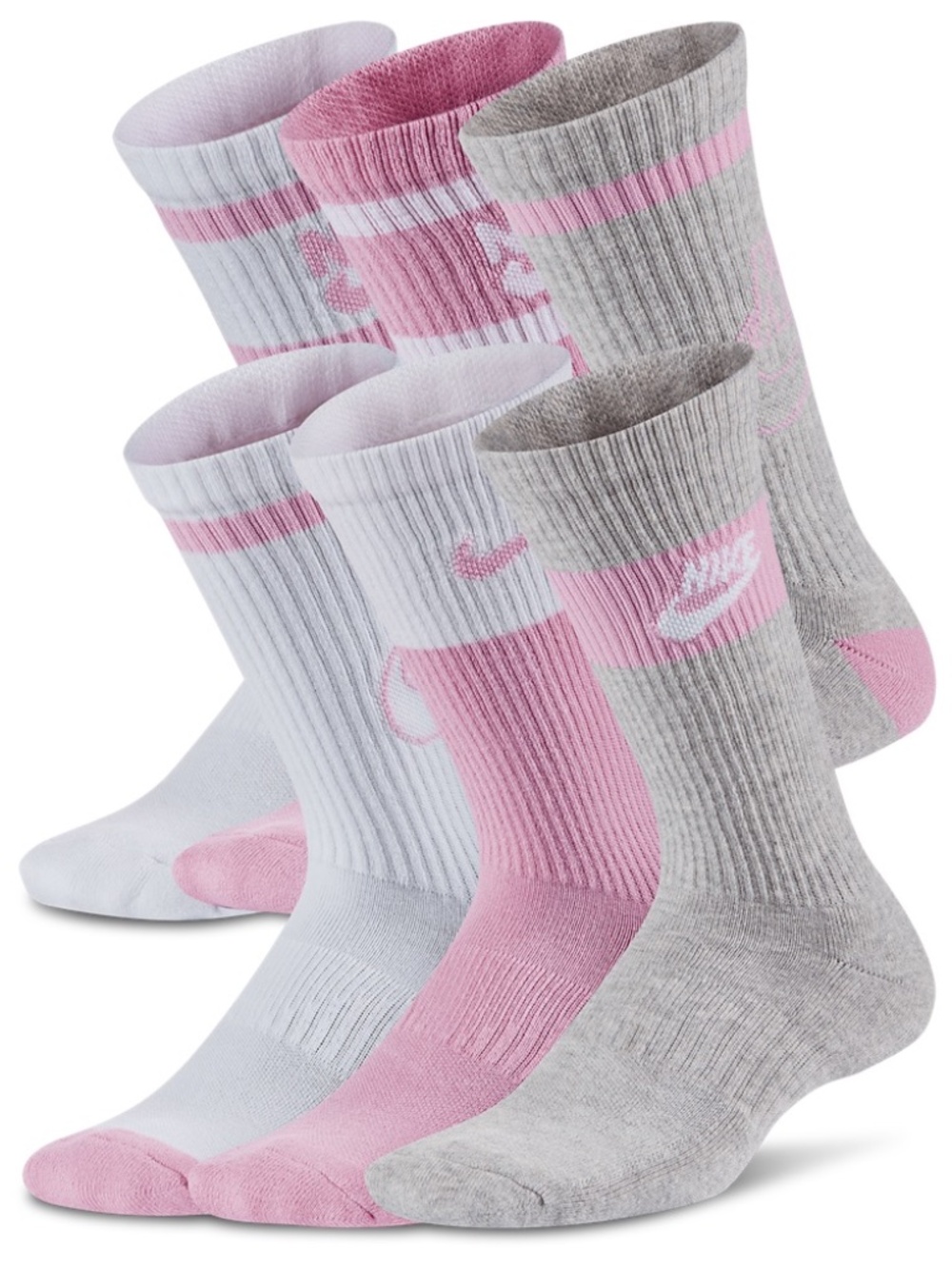 Nike Unisex Kids Everyday Cushioned Crew Socks (6 Pairs), White/Pink/Grey, Mediu
